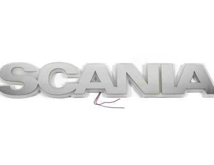Надпись на решетку Scania нержавейка с оранжевой подсветкой (82см.*14см.)